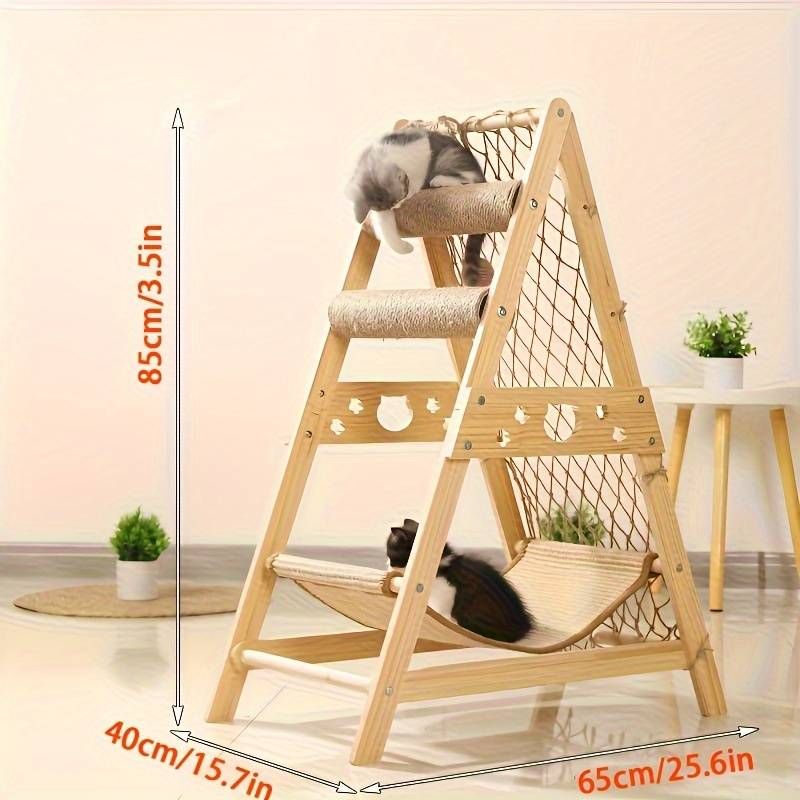 Tour à chat en bois : résolvez l'ennui et les besoins de grattage de vos chats avec deux griffoirs durables, un filet d'escalade stimulant et un panier d'été frais pour chat_voghion.com