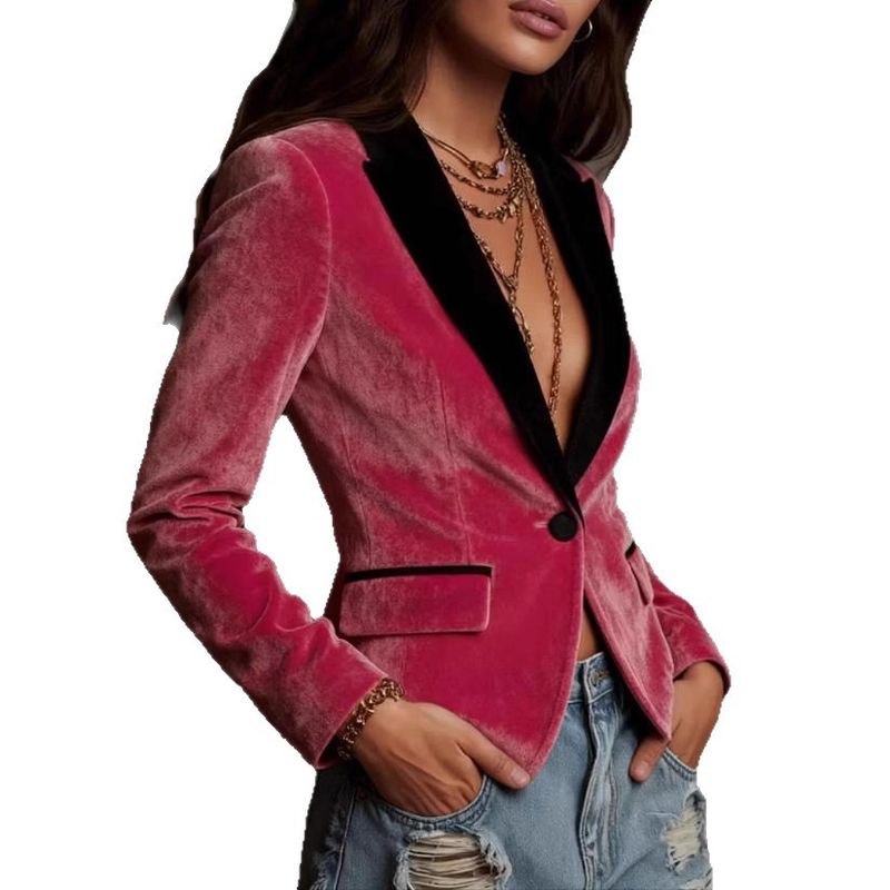 Blazer en velours pour femme - Col court à un bouton, mélange de polyester et d'élasthanne extensible, coupe ajustée, idéal pour le travail et le week-end (rose, tailles S à XXL)_voghion.com