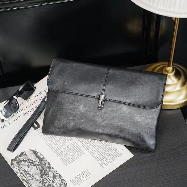 Borsa a mano da uomo di alta qualità, in pelle nera, con pochette da polso, semplice e alla moda._voghion.com