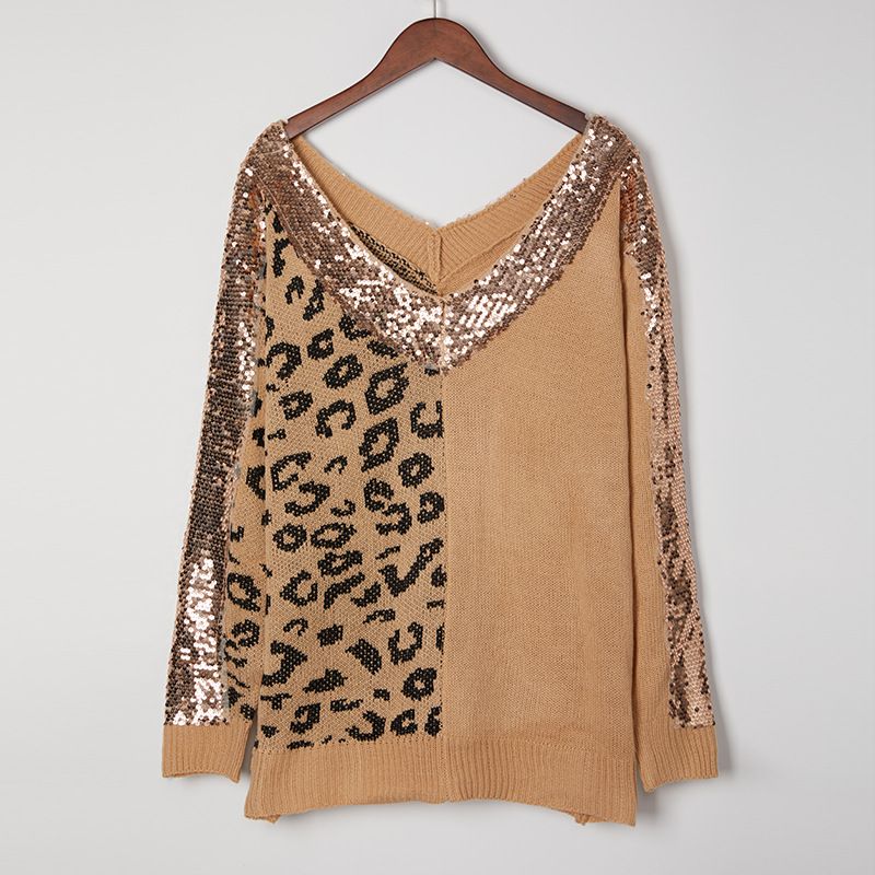 Maglione da donna a maniche lunghe in stile signorile con stampa leopardata e paillettes con scollo a V_voghion.com