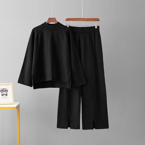 Damenbekleidung Einfarbiger Wollanzug Rundhals Modepullover Locker gestrickte Freizeitsporthose Hose mit weitem Bein_voghion.com