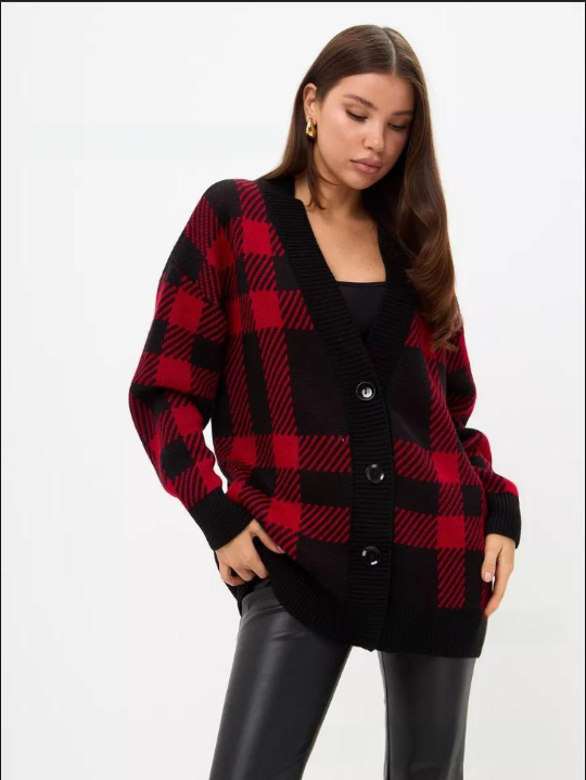 Veste cardigan boutonnée à simple boutonnage en tissu écossais de Carélie pour femme_voghion.com