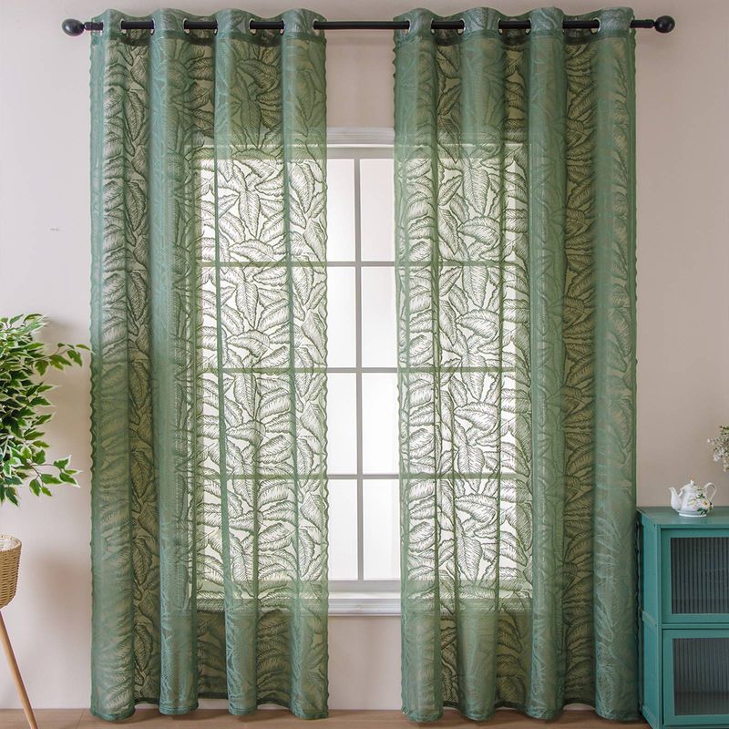 Cortinas transparentes verdes modernas para sala de estar e quarto - Semi-blackout sem necessidade de furadeira, conjunto de 2 painéis_voghion.com