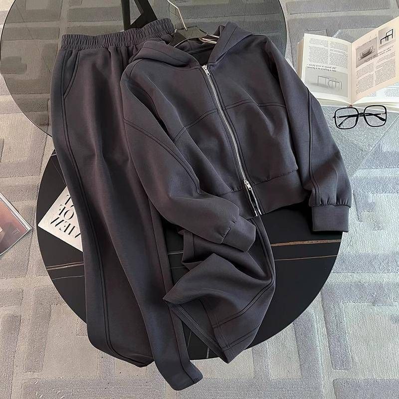 Terno esportivo casual feminino, moderno e estiloso, moletom com zíper, calças largas, duas peças_voghion.com