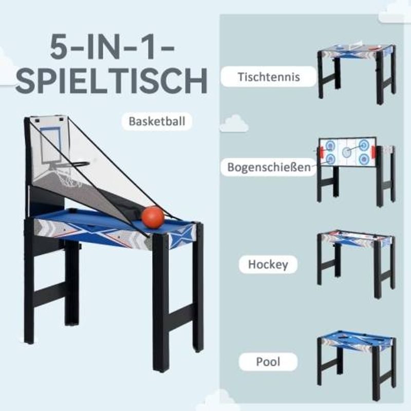 5-in-1-Spieletisch, Billard, Tischtennis, Hockey, Basketball, Bogenschießen, Zubehör Inklusive, MDF, Kunststoff, Blau_voghion.com