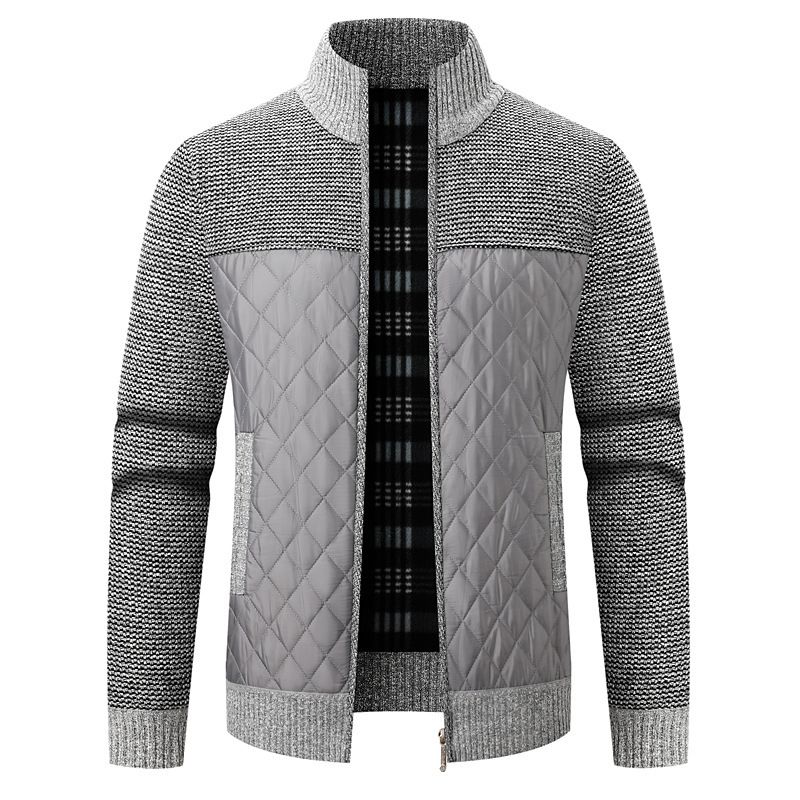 Men's Fleece-Lined Stand Collar Sweater – Winter Warm Zip-Up Knit Jacket With Color Blocking_voghion.com