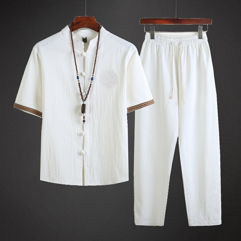 Herrenbekleidung Herren Sommer Dünner Leinenanzug Zweiteiliger Anzug Retro Baumwolle Und Leinen Tee Zen Anzug_voghion.com