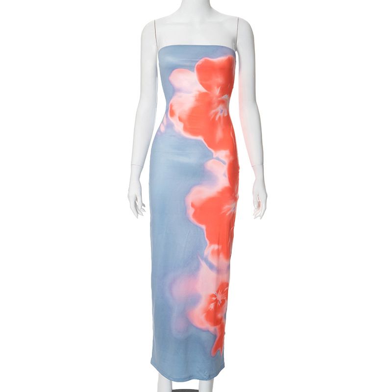 Vestito a tubino stretto con spacco, con stampa a colori a contrasto, estivo, di alta qualità, europeo e americano, di confine_voghion.com