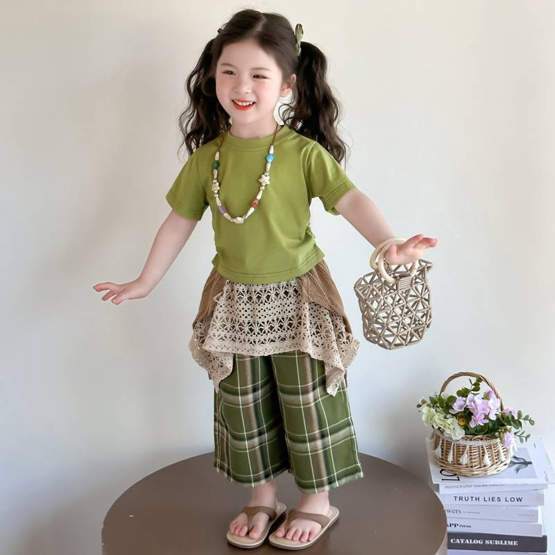 Girls' Summer New Fashion Grid Bohemian Set_voghion.com