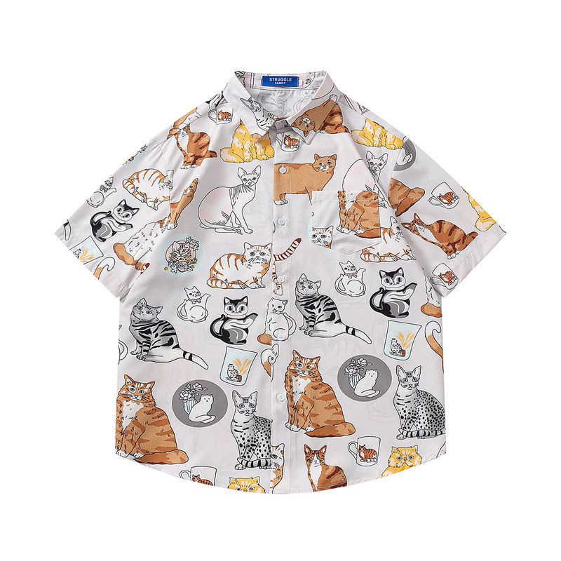 Moška oblačila Modna znamka Poletje Hong Kong Style High Street Cat Print Srajca s kratkimi rokavi Casual Loose Couple Flower Srajca Moški in ženske_voghion.com