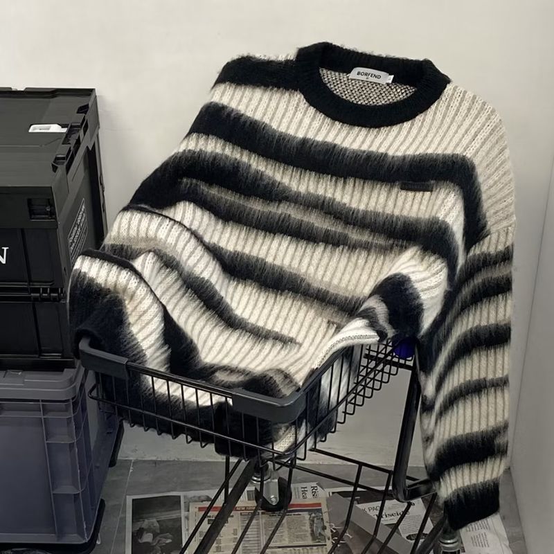 Men's Oversized Color Block Knit Sweater - Retro Striped Pullover, Unisex Casual Crewneck Jumper For Winter (Black/Blue)​_voghion.com
