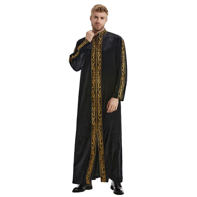 Muslimischer Kaftan Für Herren, Stehkragen, Stickei, Ramadan-Thobe Mit Langen Ęrmeln, Islamische Robe, Kaftan, Thawb, Dubaj, Knöchellange Abaya_voghion.com