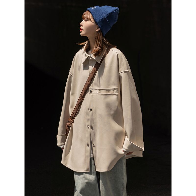 Neues 2023 Herbst-Outfit, einfarbig, lose PU-Lederhemdjacke für Damen, 2308B-P75_voghion.com