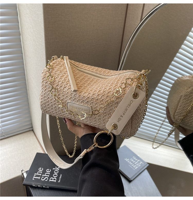 Borsa da spiaggia a tracolla con tracolla singola, in tessuto a righe colorate, in rafia e dopamina, di Niche_voghion.com