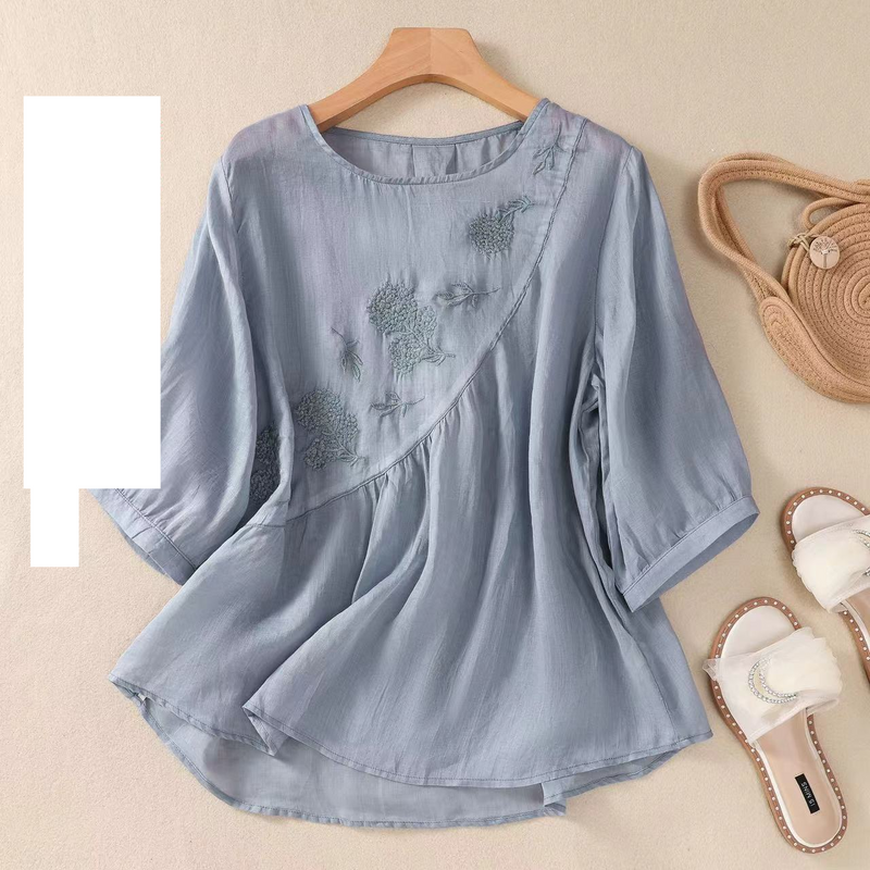 Abbigliamento da donna Camicie piccole in cotone e lino tinta unita con ricamo vintage e pullover ampio con collo rotondo_voghion.com