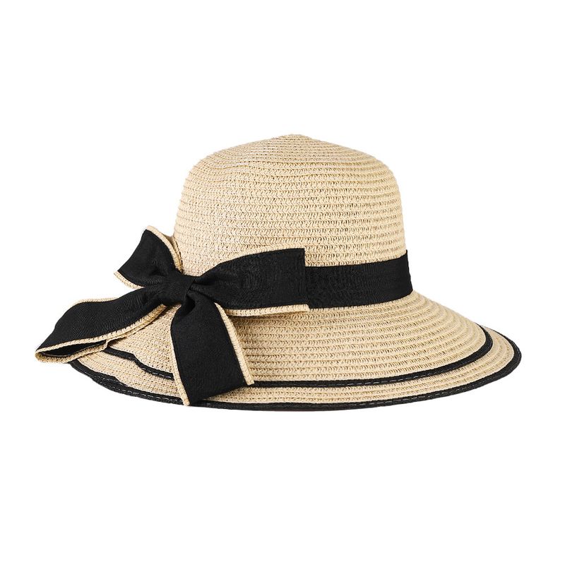 Vielseitig einsetzbarer gewebter Strohhut für Frühling und Sommer für Damen, Sonnenhut mit großer Schleife am Strand, edler Sonnenschutzhut_voghion.com