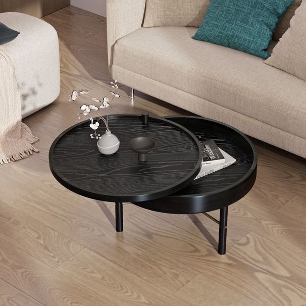 Modern Round Wood Rotating Tray Coffee Table With Storage & Metal Legs_voghion.com