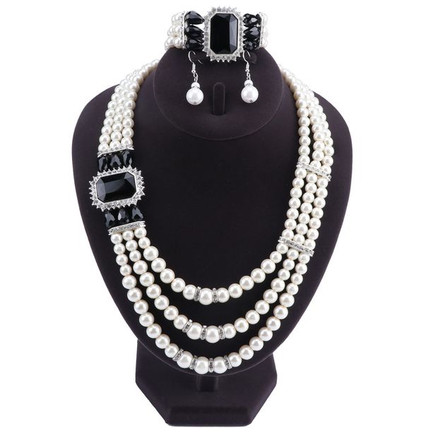 Conjunto de collar, brazalete, brazalete y pendientes de cadena para mujer, gran tamaño de cristal de perlas simuladas, bisutería_voghion.com