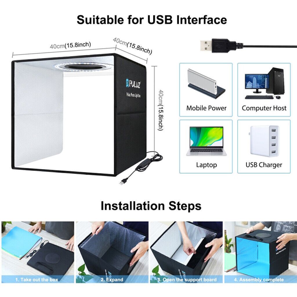 16' PULUZ Portable LED Photo Light Box Tent Cube Studio Photography 40cm UKSTOCK_voghion.com