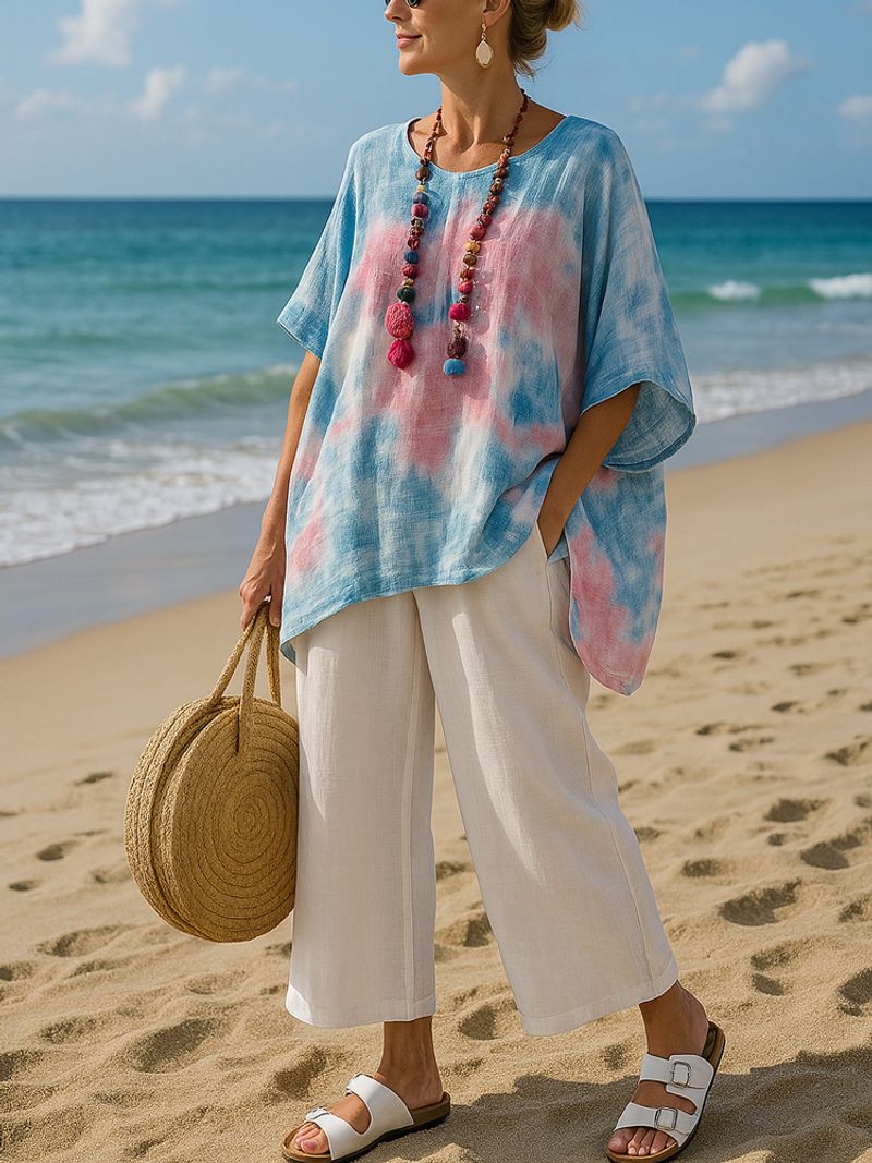 Maglietta da donna casual con scollo rotondo e maniche corte, con stampa digitale._voghion.com
