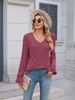 Top casual da donna con scollo a V e maniche a balza - Camicia a maniche lunghe in morbido misto cotone spazzolato a righe per l'uso quotidiano_voghion.com