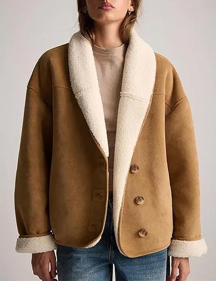 Giacca in lana d'agnello effetto scamosciato - Cappotto oversize con revers e tasche da donna, capospalla casual invernale foderato in caldo pile (rosa, nero, kaki, caffè)_voghion.com