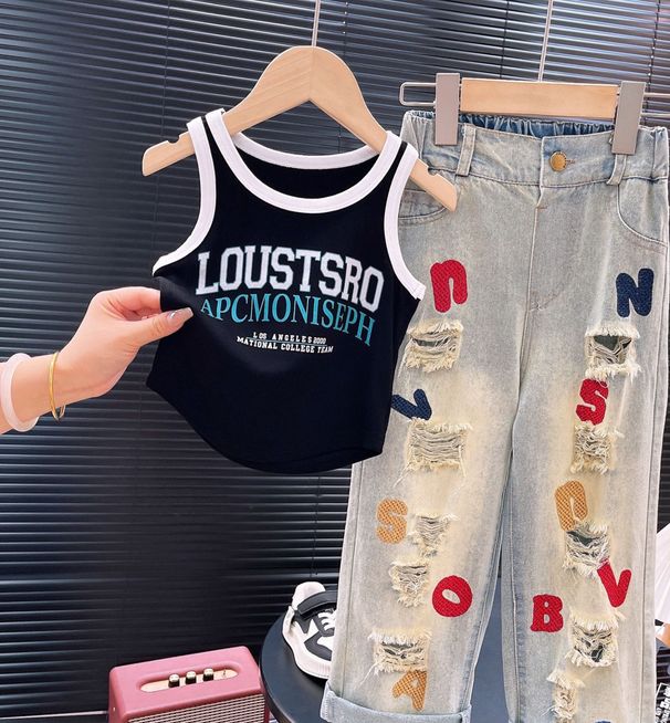 Mother & Kids 2024 spring and summer girls suits for middle and large children's fashion T-shirts with ripped letters embroidered jeans_voghion.com