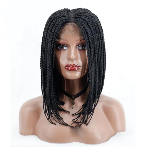 Flätade peruker med spetsförslutning, syntetiskt hår, 12" kort bob, knutlös box braid-peruk, cornrow braids, spetsperuker, svart flätat hår, peruk_voghion.com