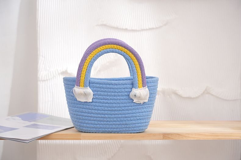 Borsa a mano in corda di cotone intrecciata con coniglietto dei cartoni animati, borsa arcobaleno per ragazze, borsa per snack, souvenir, primavera e felicità_voghion.com