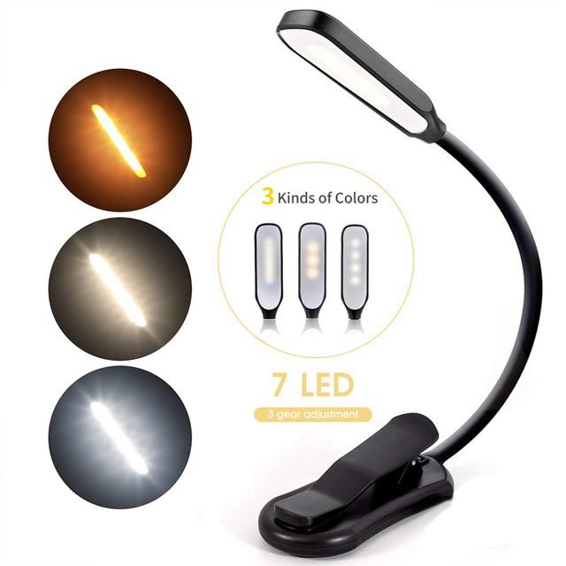 Rechargeable Book Light Mini 7 LED Reading Light 3-Level Warm Cool White Flexible Easy Clip Lamp Read Night Reading Lamp in Bed_voghion.com
