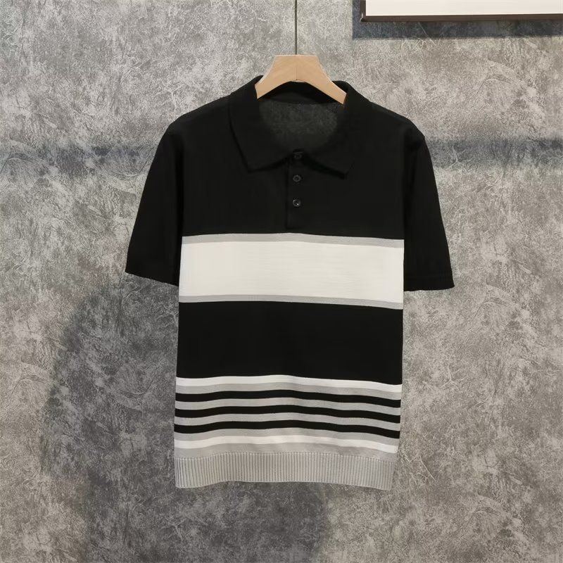 Men's Clothing Summer new thin striped ice silk knitted short sleeved men's style fashion youth versatile casual lapel Polo shirt_voghion.com