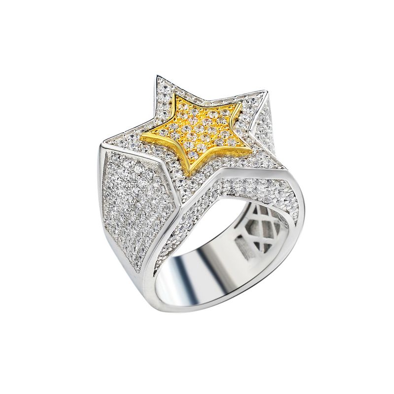 Anello da uomo con pentagramma hip-hop, personalità cubana esagerata, in argento intarsiato con zirconi_voghion.com