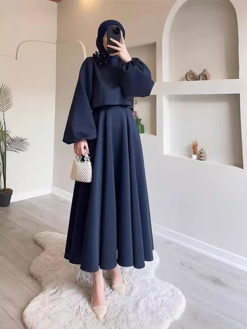 Dameskleding Herfst Nieuwe Moslim Bloem Losse Top Rok Mode Casual Pak_voghion.com