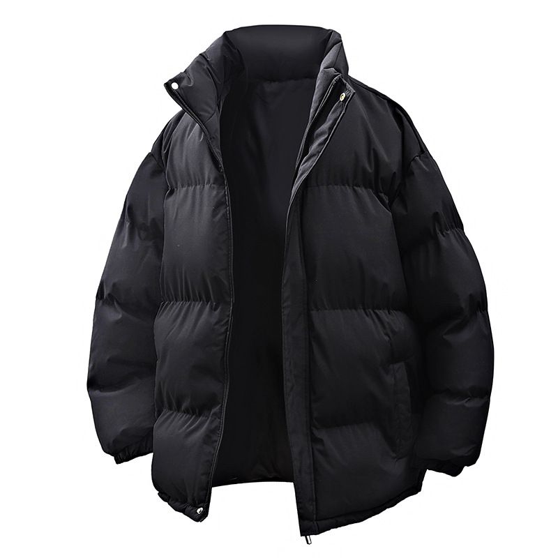 Men's Casual Solid Color Puffer Jacket Winter Warm Thickened Loose Fit Stand Collar Zip Up Coat For Teens_voghion.com