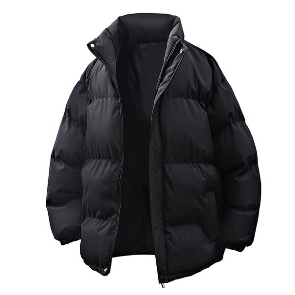 Men's Casual Solid Color Puffer Jacket Winter Warm Thickened Loose Fit Stand Collar Zip Up Coat For Teens_voghion.com