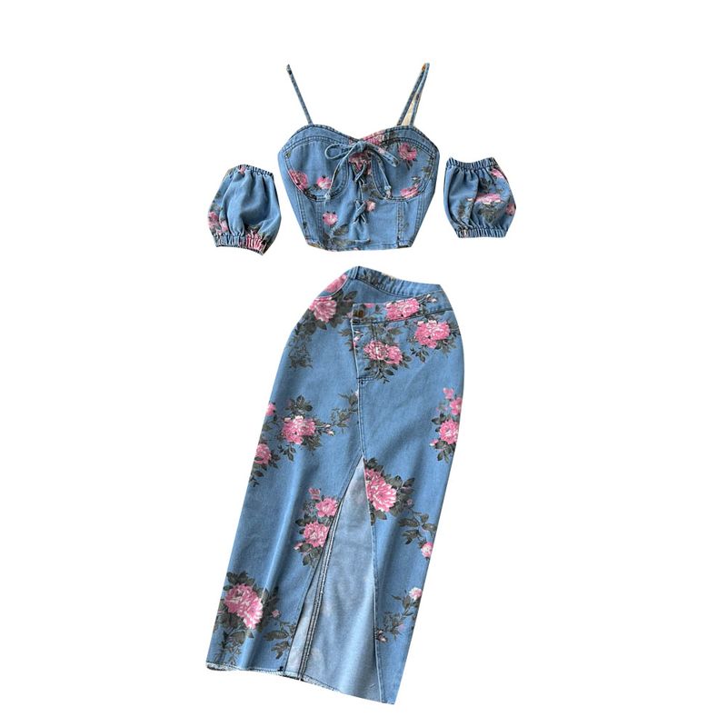 Women's retro chic suit for sweet girls, off-the-shoulder camisole, high-waisted slit skirt two-piece set_voghion.com