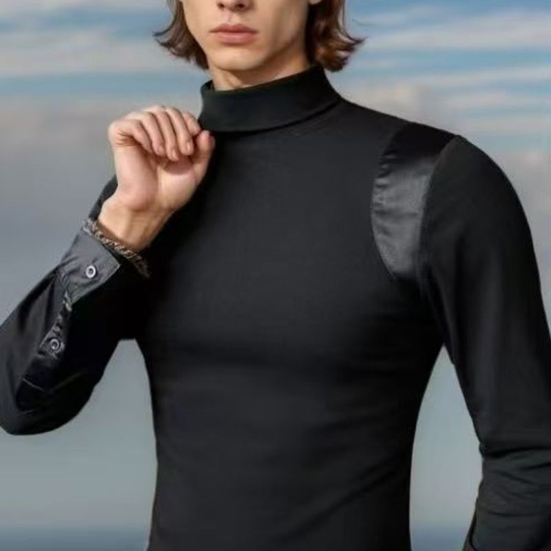 Men's Clothing Men's Long Sleeved Elastic Tight T Shirt Men's Fitness Clothes Muscle Men's High Collar Bottoming Shirt All Match Tops_voghion.com
