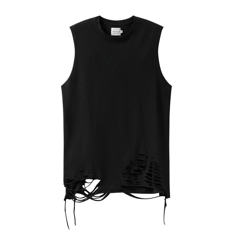 Vêtements pour hommes Bottom Hole Vest Bottom Shirt Boys Summer Leisure T-shirt sans manches en pur coton Ins High Street avec un gilet de couleur unie_voghion.com