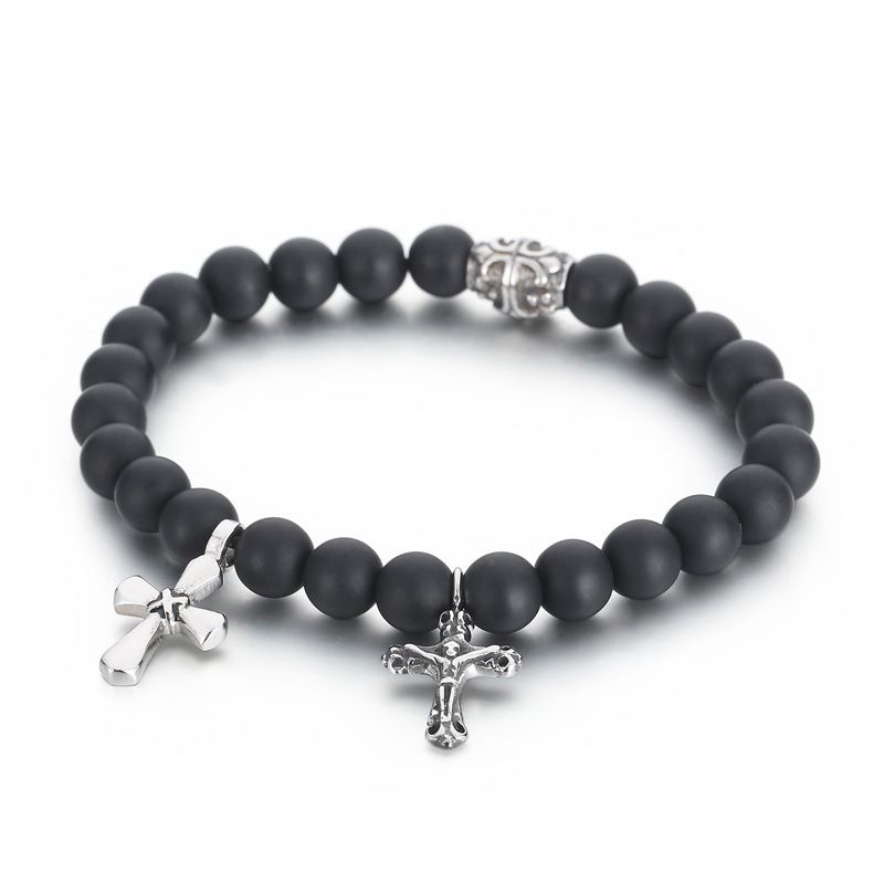 Men's Jewelry Black Agate Beads Micro Inlaid Zircon Crown Bracelet Masonic Cross Tiger Eye Stone Men's Beaded Bracelet_voghion.com