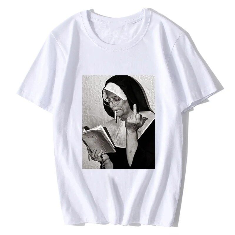 Nun Middle Finger Attitude Men Clothing Haruku Trend Streetwear Retro T Shirt Wome Nmen Casual Tops Ropa Hombre Custom_voghion.com