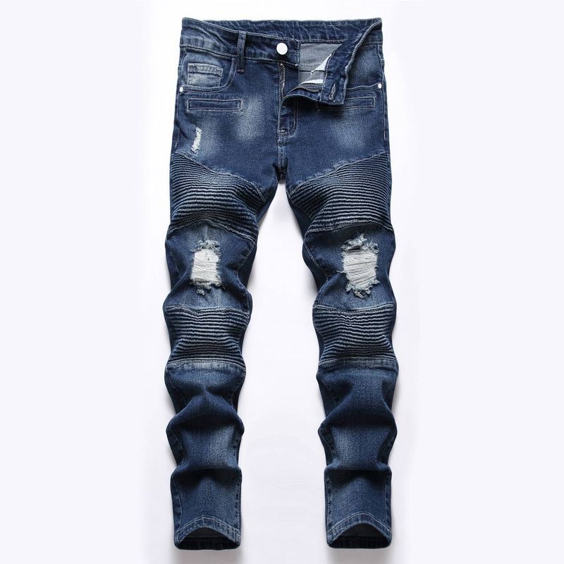 Kids’ Clothing Boys' Mid Sized And Large Blue Ripped Motorcycle Style Straight Stretch Jeans Four Seasons Style_voghion.com