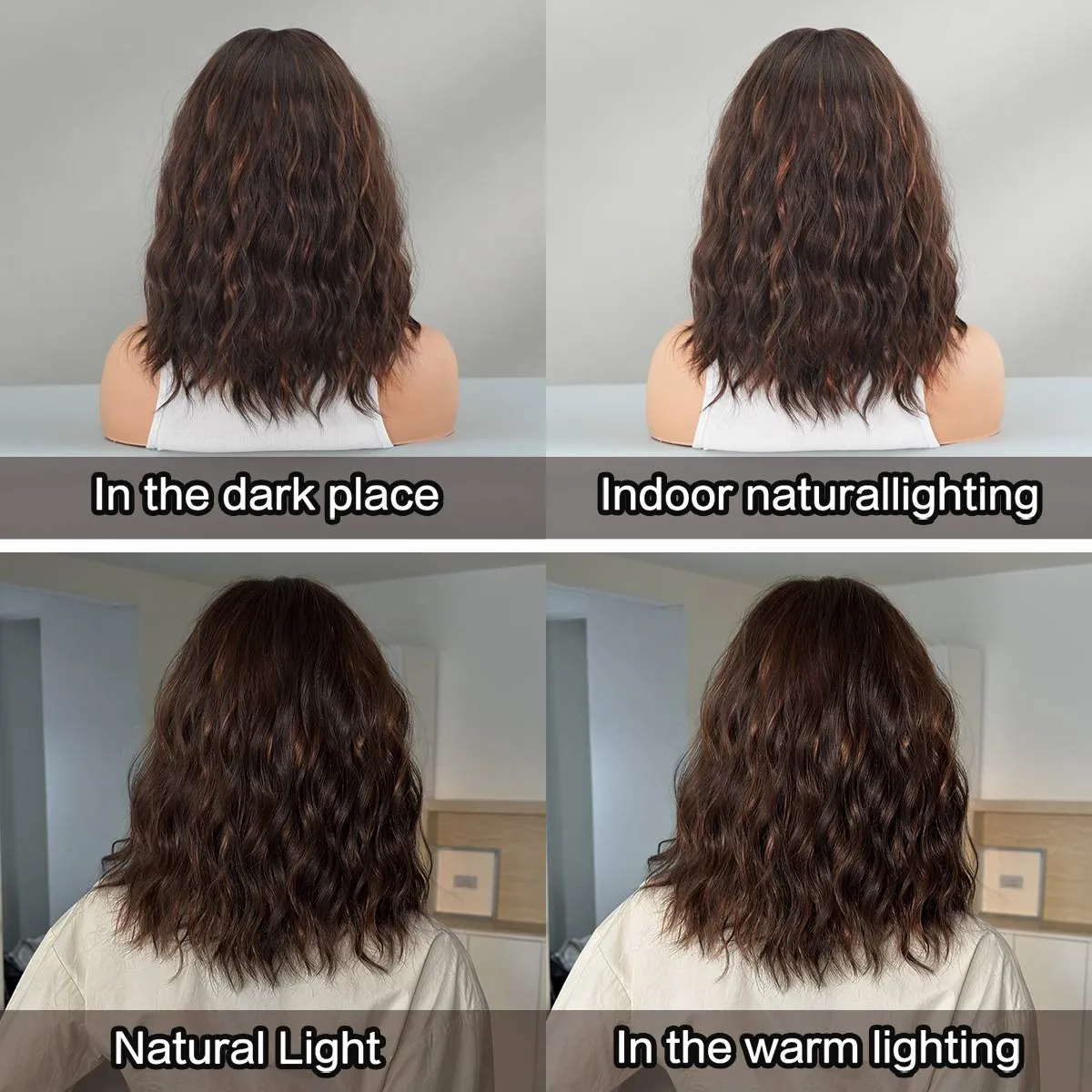 Perruque femme cheveux courts bouclés marron foncé, coiffure complète_voghion.com