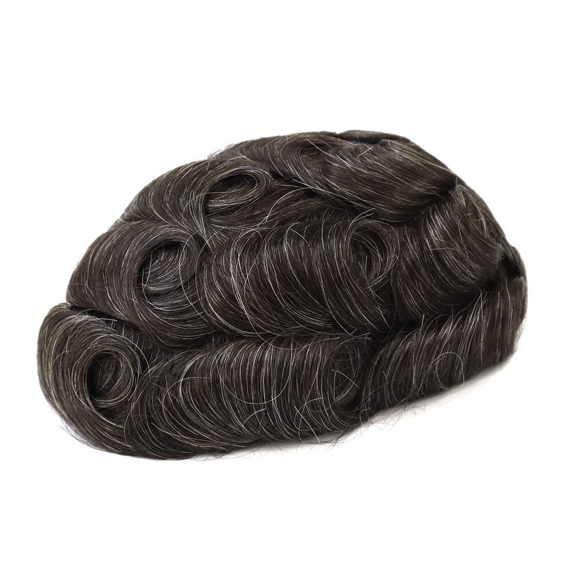 Q6 Toupee For Men 100% Human Hair Pieces I French Lace Front Poly Skin Bleached Hair Replacement System Wigs Dark Brown With 20% Grey Color #320_voghion.com