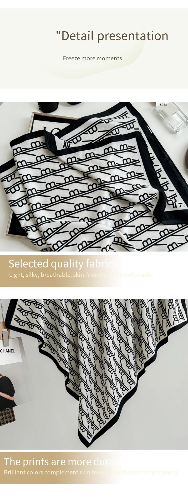 Vienkārša melnbalta burtu apdruka, zīda imitācija, sarža zīds ārpusē ar sieviešu zīda šalli._voghion.com