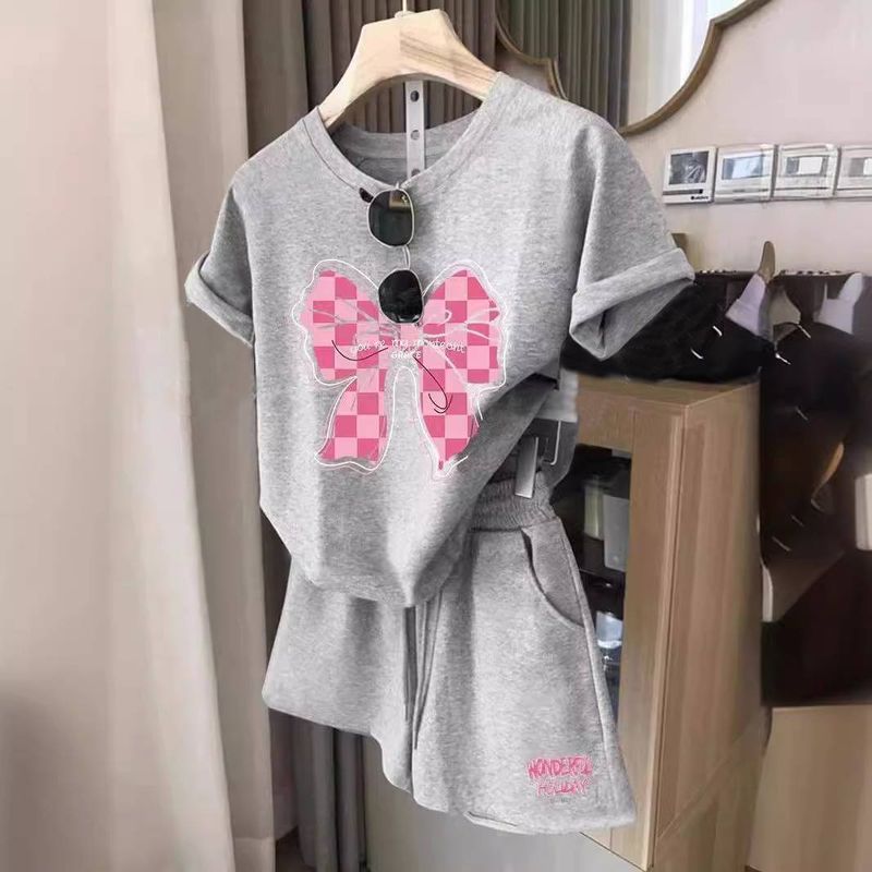 Damen locker Kurzärmlech Shorts Kostüm fir Fraen, altersreduzéiert, stilvoll Fräizäit, Moud, Sport, zweedeelegt Kostüm_voghion.com