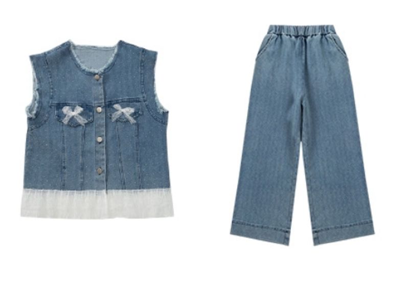 [LittleChic] Girls' Denim Vest Set - Short Sleeve Top + 9-Pants With Lace Trim | Sweet & Edgy 3-Piece Outfit For Summer_voghion.com