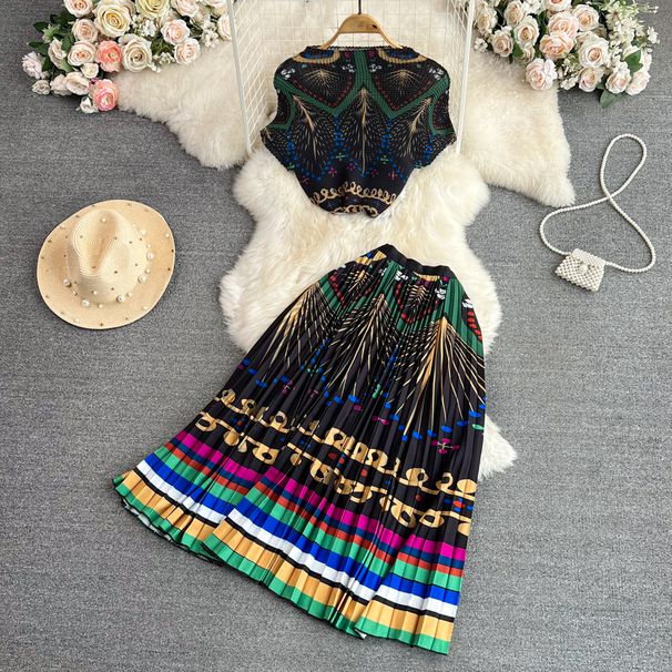 Abbigliamento da donna Moda di fascia alta, maniche corte, colletto rialzato, top aderente a pieghe, set a due pezzi, gonna a pieghe snellente a vita alta_voghion.com