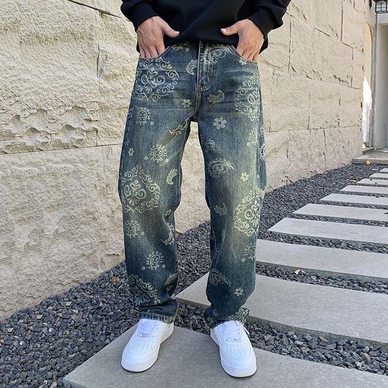 Men's Clothing Retro jeans men's fashion brand autumn and winter high street washed fashion print loose casual straight wide leg mopping trousers_voghion.com