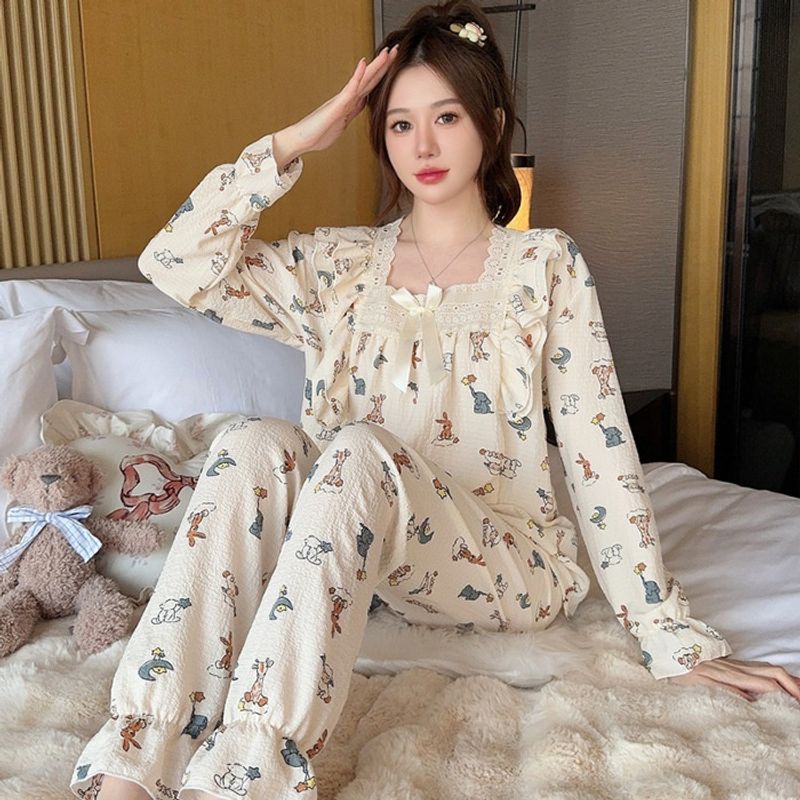 Wrinkled cloth sleepwear women in 2024 Spring and Autumn sweet princess style long sleeved pants with plus size 220_voghion.com