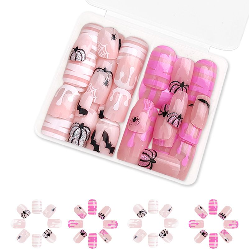 Short Gloss Square Armor Halloween Cobweb Ghost Pumpkin Glitter Stripe Fashion Wear Manicure Combination 48 Pieces_voghion.com